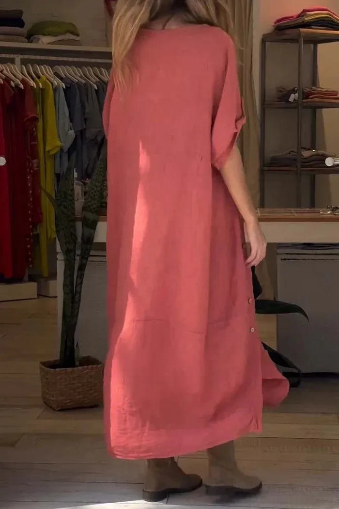 New Ladies Summer Loose Casual Solid Color Short Sleeve Cotton Linen Dress Elegant Commuter Style Ankle-Length Dress display picture 2