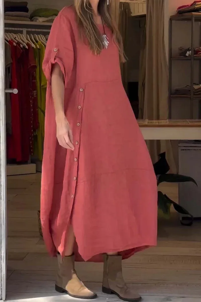 New Ladies Summer Loose Casual Solid Color Short Sleeve Cotton Linen Dress Elegant Commuter Style Ankle-Length Dress display picture 3