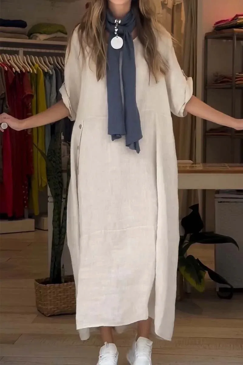 New Ladies Summer Loose Casual Solid Color Short Sleeve Cotton Linen Dress Elegant Commuter Style Ankle-Length Dress display picture 5