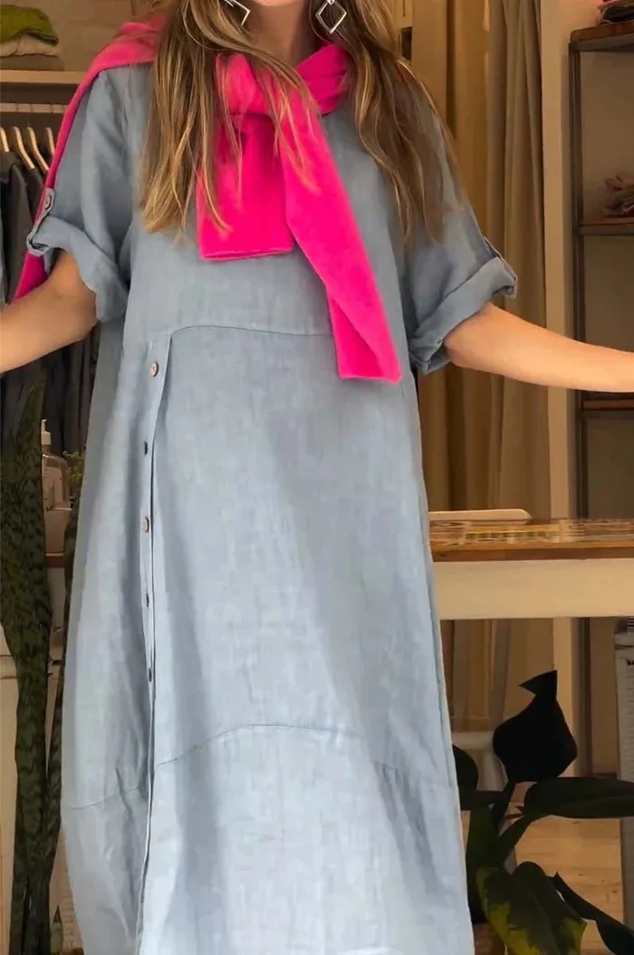 New Ladies Summer Loose Casual Solid Color Short Sleeve Cotton Linen Dress Elegant Commuter Style Ankle-Length Dress display picture 6