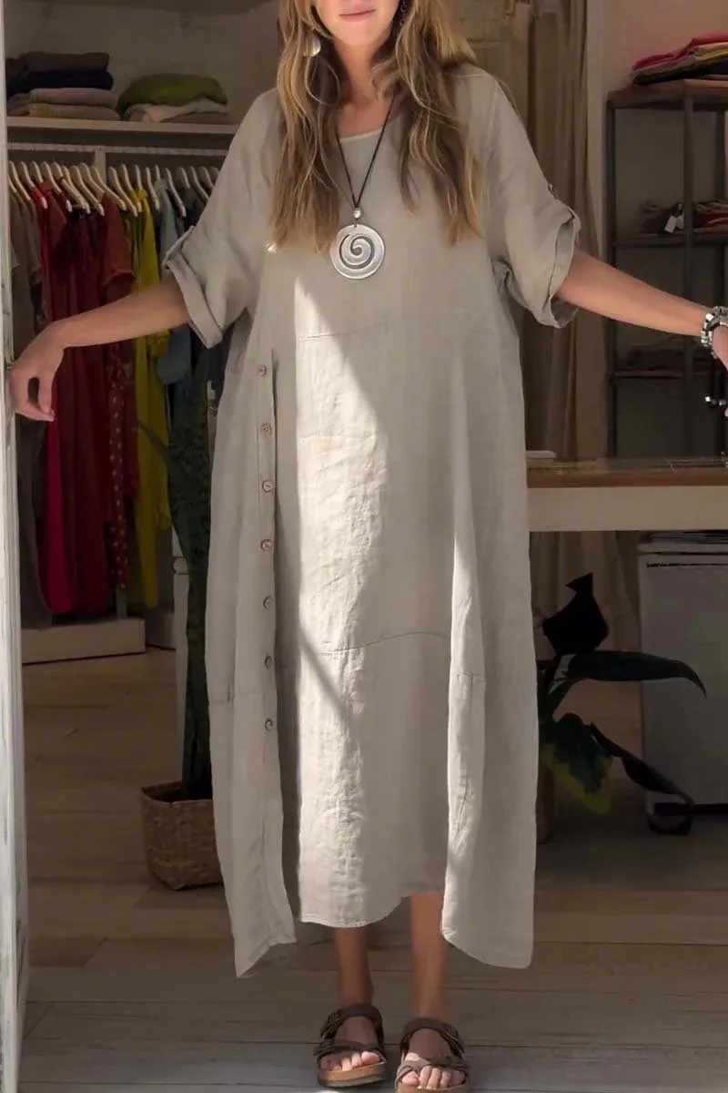 New Ladies Summer Loose Casual Solid Color Short Sleeve Cotton Linen Dress Elegant Commuter Style Ankle-Length Dress display picture 8
