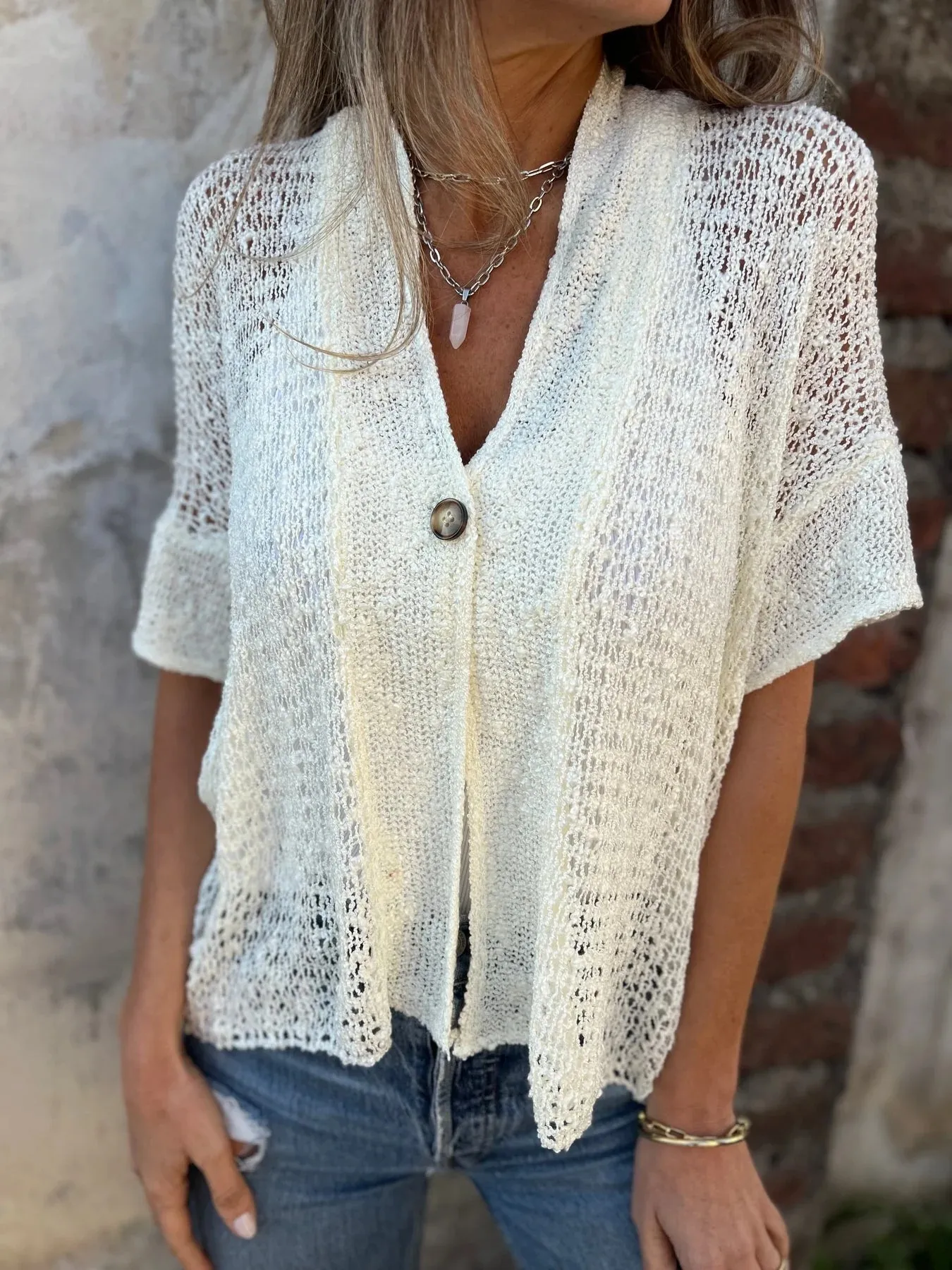 Elegant European Style Women's Knitted Cardigan Short Sleeve Hollow Design One Button Design Spring And Autumn Solid Color Commute Friendly display picture 6