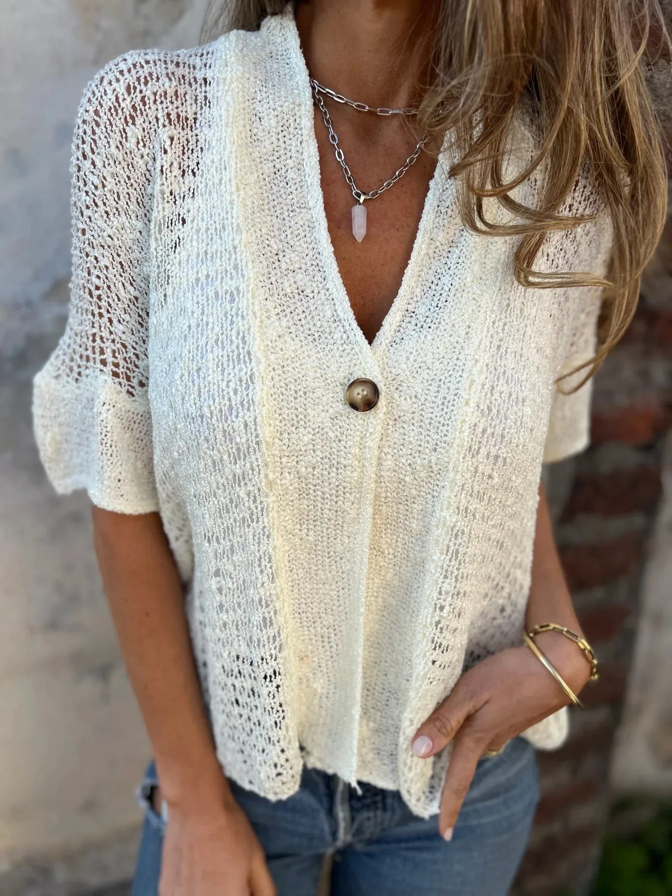 Elegant European Style Women's Knitted Cardigan Short Sleeve Hollow Design One Button Design Spring And Autumn Solid Color Commute Friendly display picture 8