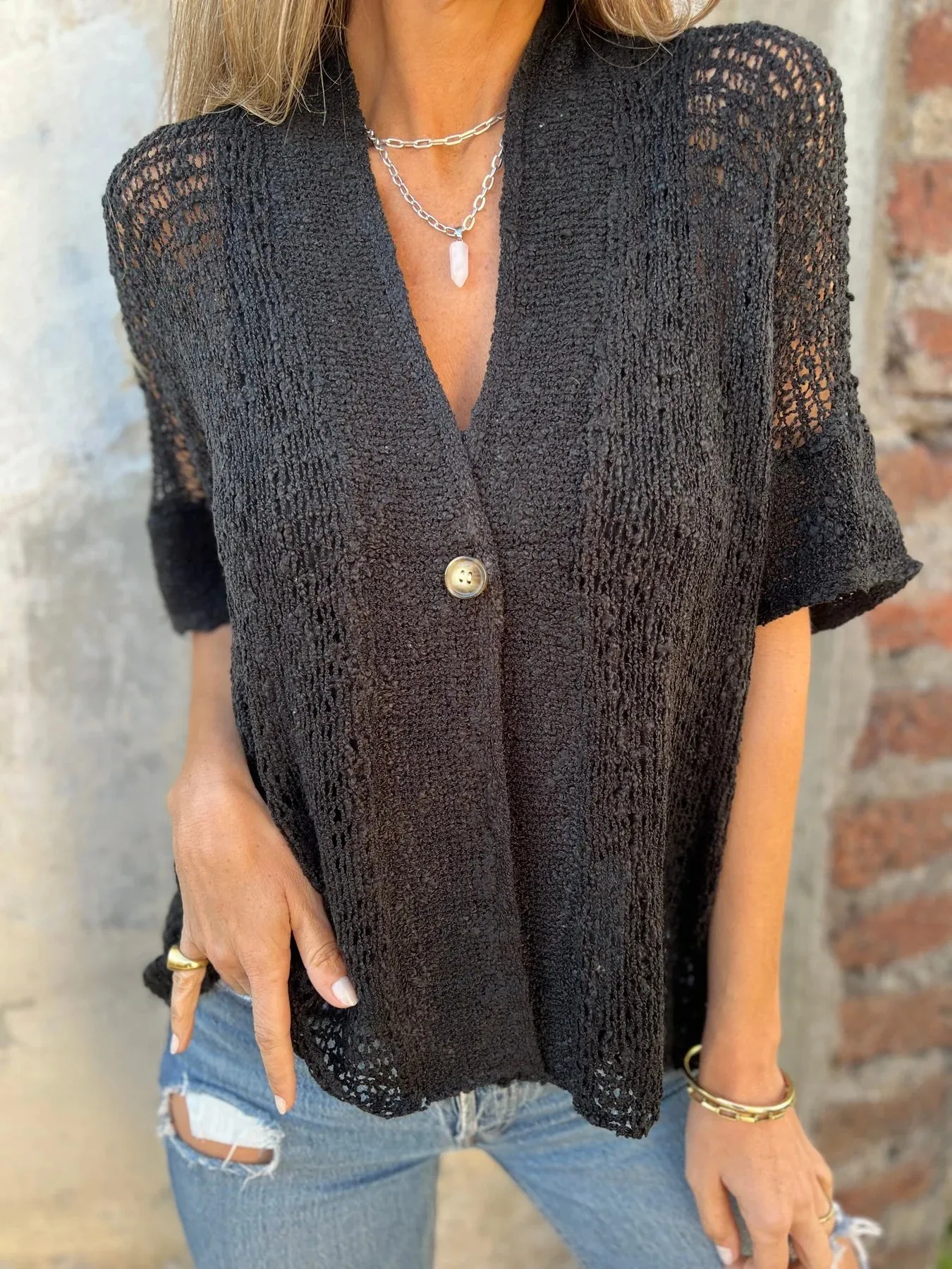 Elegant European Style Women's Knitted Cardigan Short Sleeve Hollow Design One Button Design Spring And Autumn Solid Color Commute Friendly display picture 10