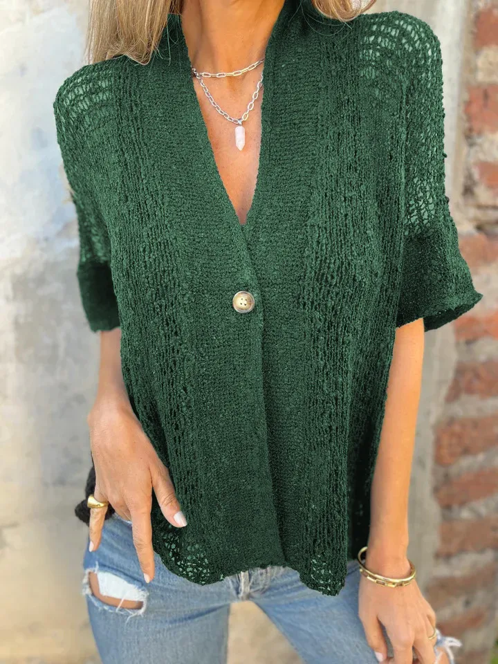 Elegant European Style Women's Knitted Cardigan Short Sleeve Hollow Design One Button Design Spring And Autumn Solid Color Commute Friendly display picture 12