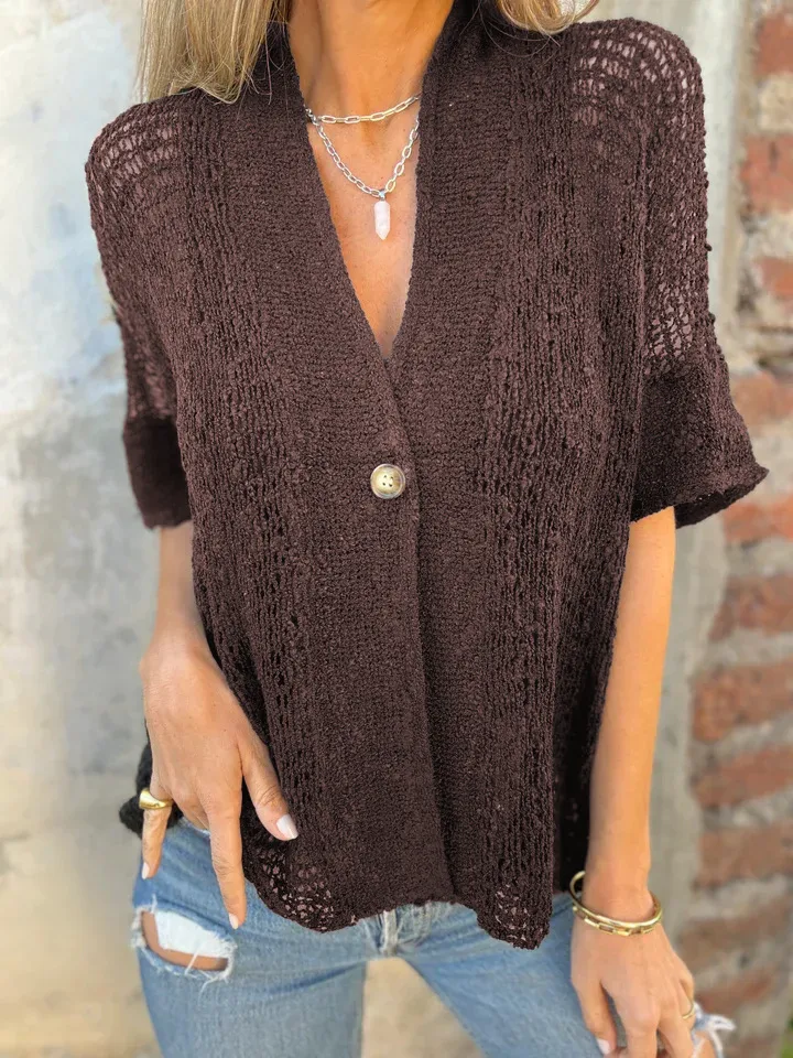 Elegant European Style Women's Knitted Cardigan Short Sleeve Hollow Design One Button Design Spring And Autumn Solid Color Commute Friendly display picture 13