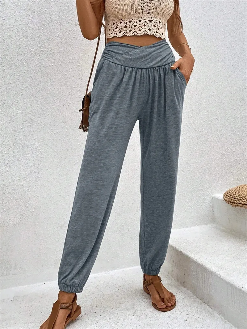Elegant High Waist Women's Casual Trousers European Style Home Wear Loose Design Pocket Details Comfortable Cotton Blend display picture 13