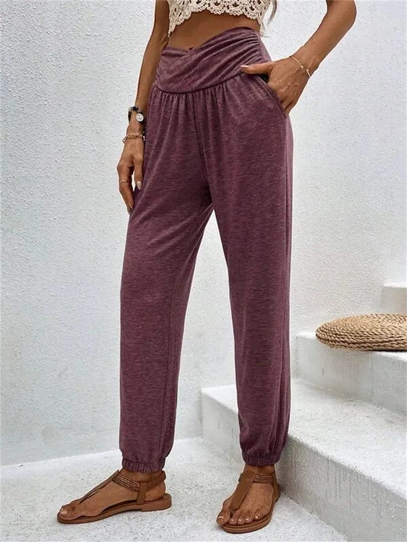 Elegant High Waist Women's Casual Trousers European Style Home Wear Loose Design Pocket Details Comfortable Cotton Blend display picture 4