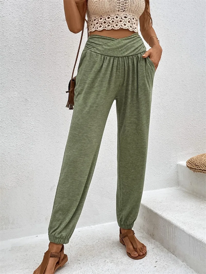 Elegant High Waist Women's Casual Trousers European Style Home Wear Loose Design Pocket Details Comfortable Cotton Blend display picture 6