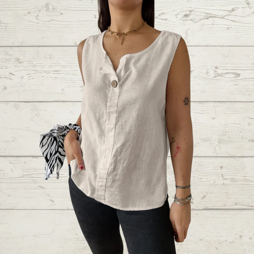 Casual Cotton Linen Vest Women's Summer New Button Top Loose Design T-shirt Solid Color And V-neck Sleeveless Commuter Style display picture 3