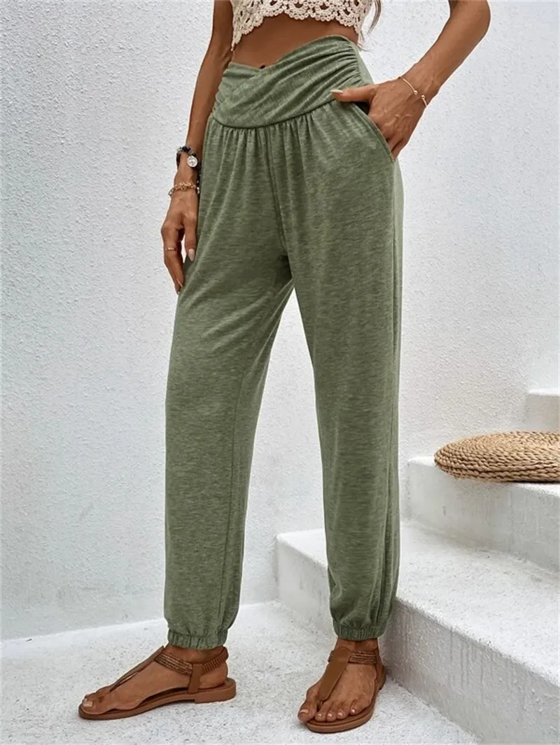 Elegant High Waist Women's Casual Trousers European Style Home Wear Loose Design Pocket Details Comfortable Cotton Blend display picture 7