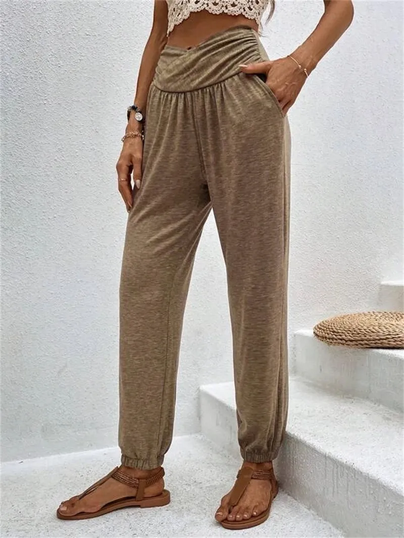 Elegant High Waist Women's Casual Trousers European Style Home Wear Loose Design Pocket Details Comfortable Cotton Blend display picture 10