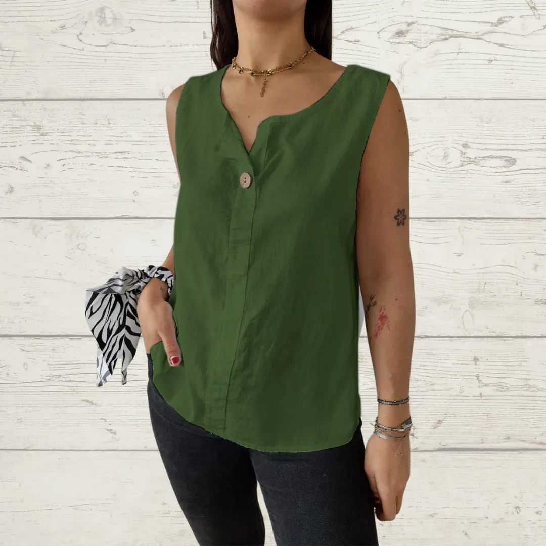 Casual Cotton Linen Vest Women's Summer New Button Top Loose Design T-shirt Solid Color And V-neck Sleeveless Commuter Style display picture 4