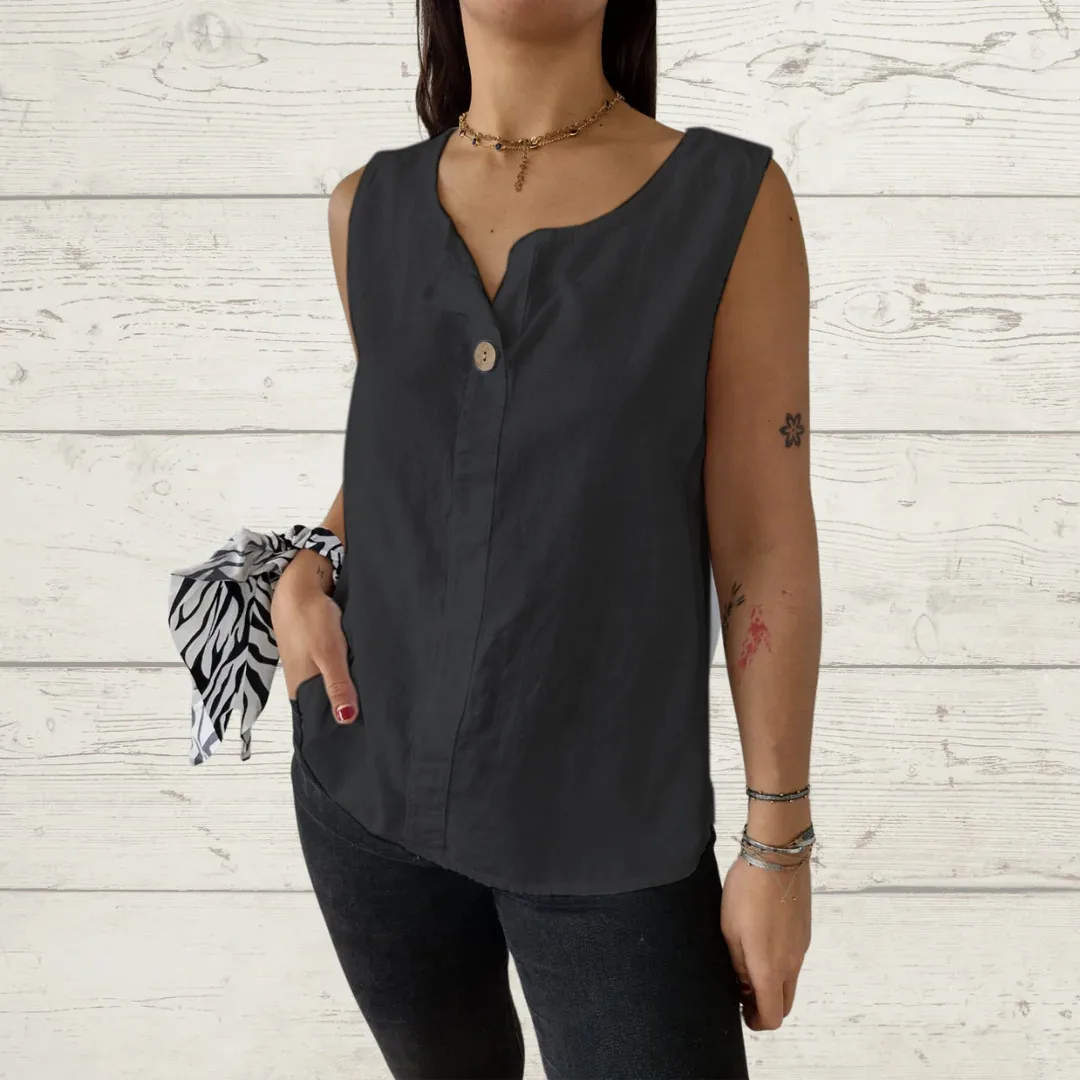 Casual Cotton Linen Vest Women's Summer New Button Top Loose Design T-shirt Solid Color And V-neck Sleeveless Commuter Style display picture 6