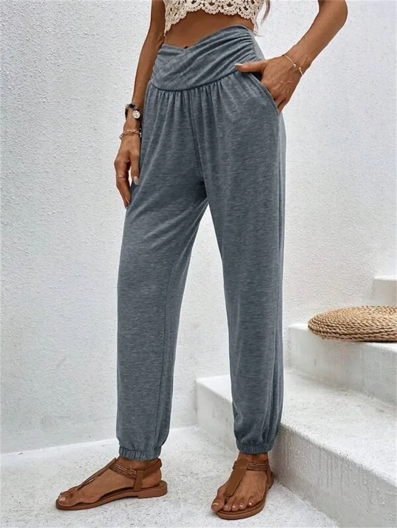 Elegant High Waist Women's Casual Trousers European Style Home Wear Loose Design Pocket Details Comfortable Cotton Blend display picture 12
