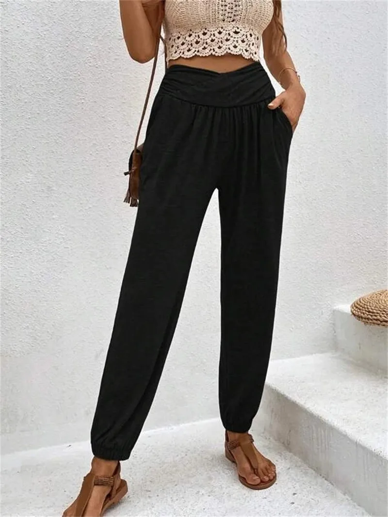 Elegant High Waist Women's Casual Trousers European Style Home Wear Loose Design Pocket Details Comfortable Cotton Blend display picture 15