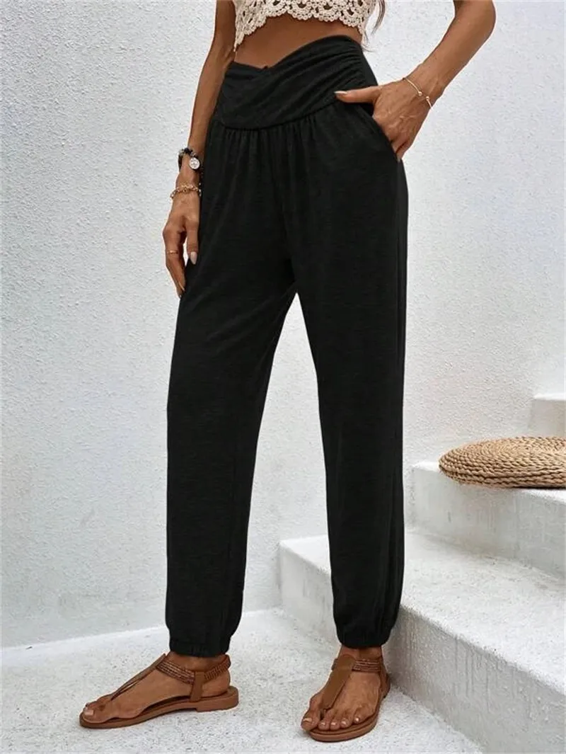 Elegant High Waist Women's Casual Trousers European Style Home Wear Loose Design Pocket Details Comfortable Cotton Blend display picture 16