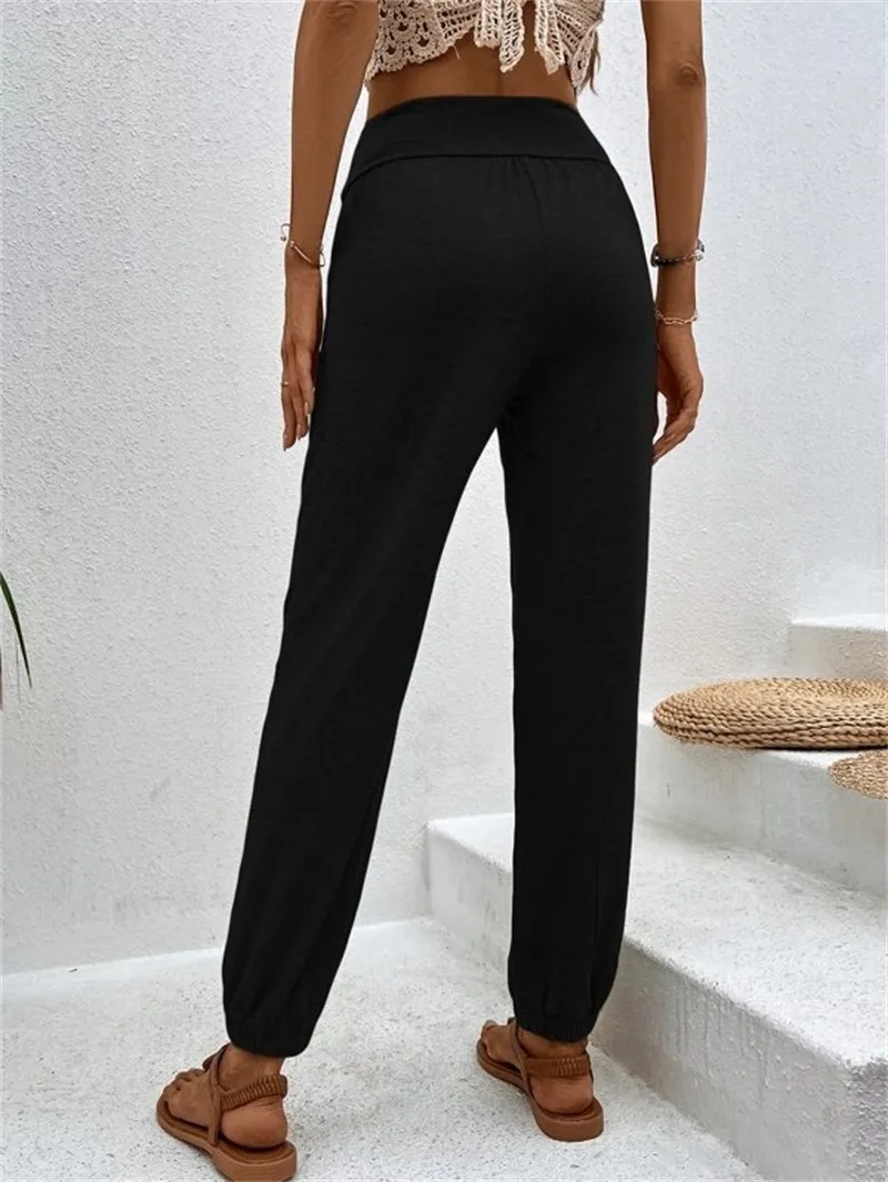 Elegant High Waist Women's Casual Trousers European Style Home Wear Loose Design Pocket Details Comfortable Cotton Blend display picture 17