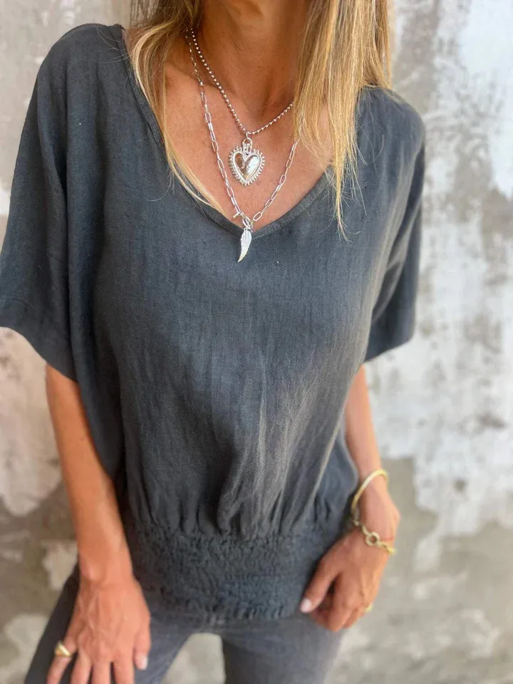 Casual Cotton And Linen Women's T-shirt V-neck Summer New Push Up Top Comfortable Breathable Short Sleeve T-shirt display picture 4