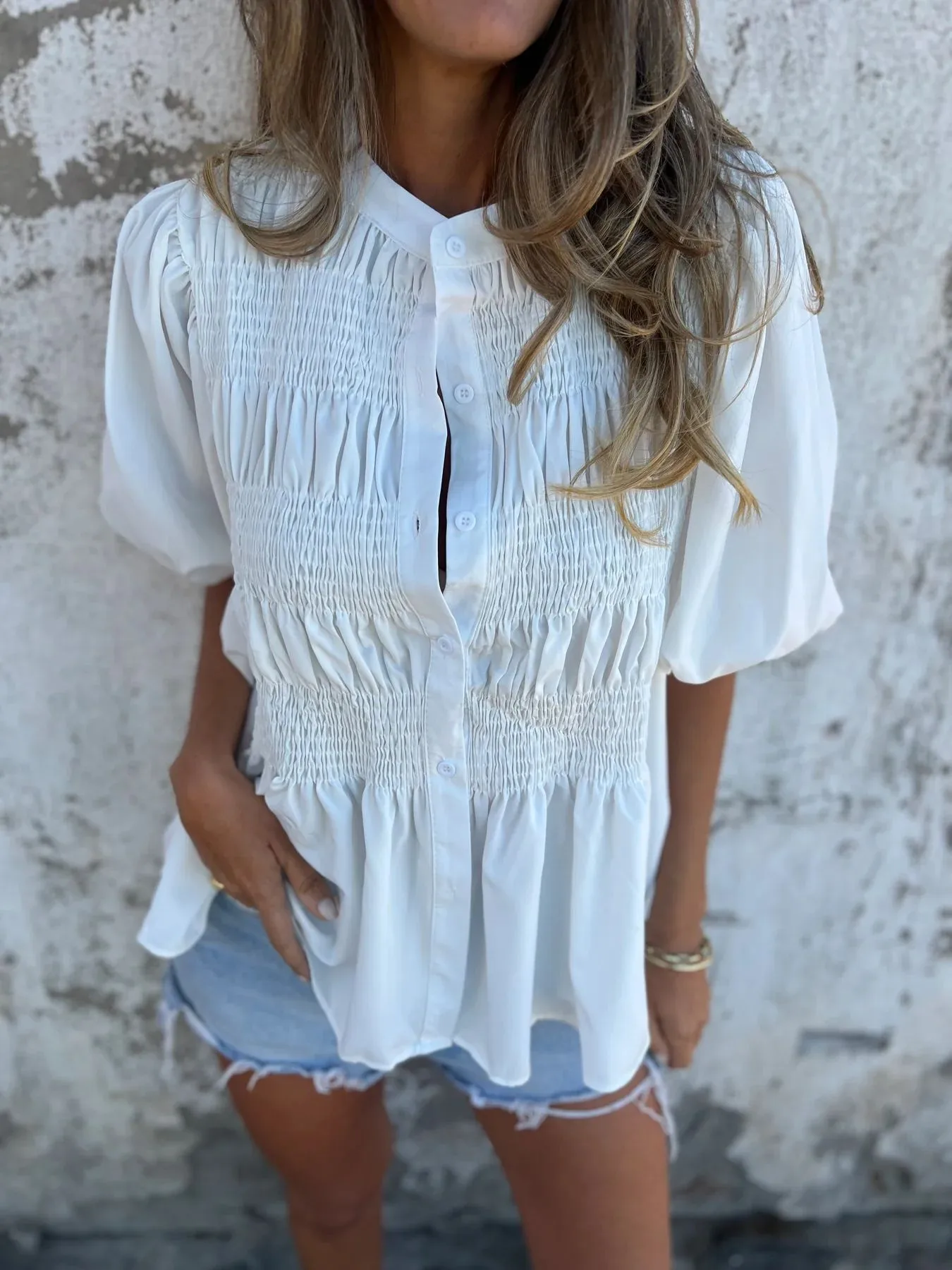 Casual Fashion Short Sleeve Round Neck Button Solid Color Shirt Women's T-shirt Comfortable Breathable Elastic Waist Design display picture 9