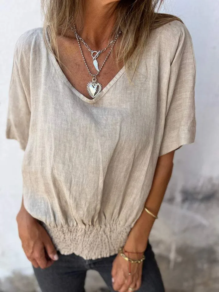 Casual Cotton And Linen Women's T-shirt V-neck Summer New Push Up Top Comfortable Breathable Short Sleeve T-shirt display picture 6