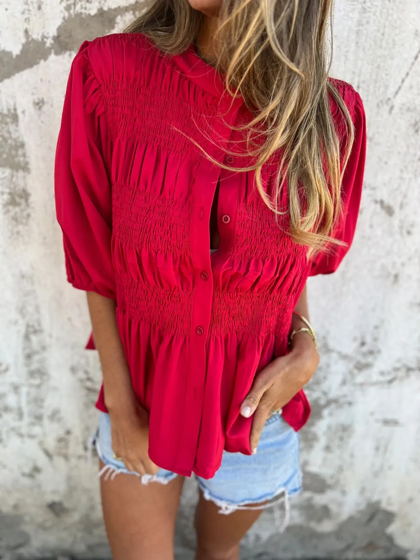 Casual Fashion Short Sleeve Round Neck Button Solid Color Shirt Women's T-shirt Comfortable Breathable Elastic Waist Design display picture 19