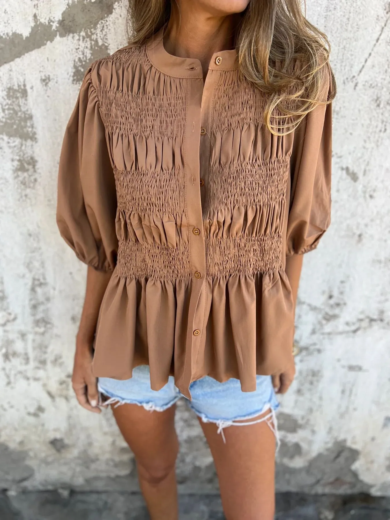 Casual Fashion Short Sleeve Round Neck Button Solid Color Shirt Women's T-shirt Comfortable Breathable Elastic Waist Design display picture 22