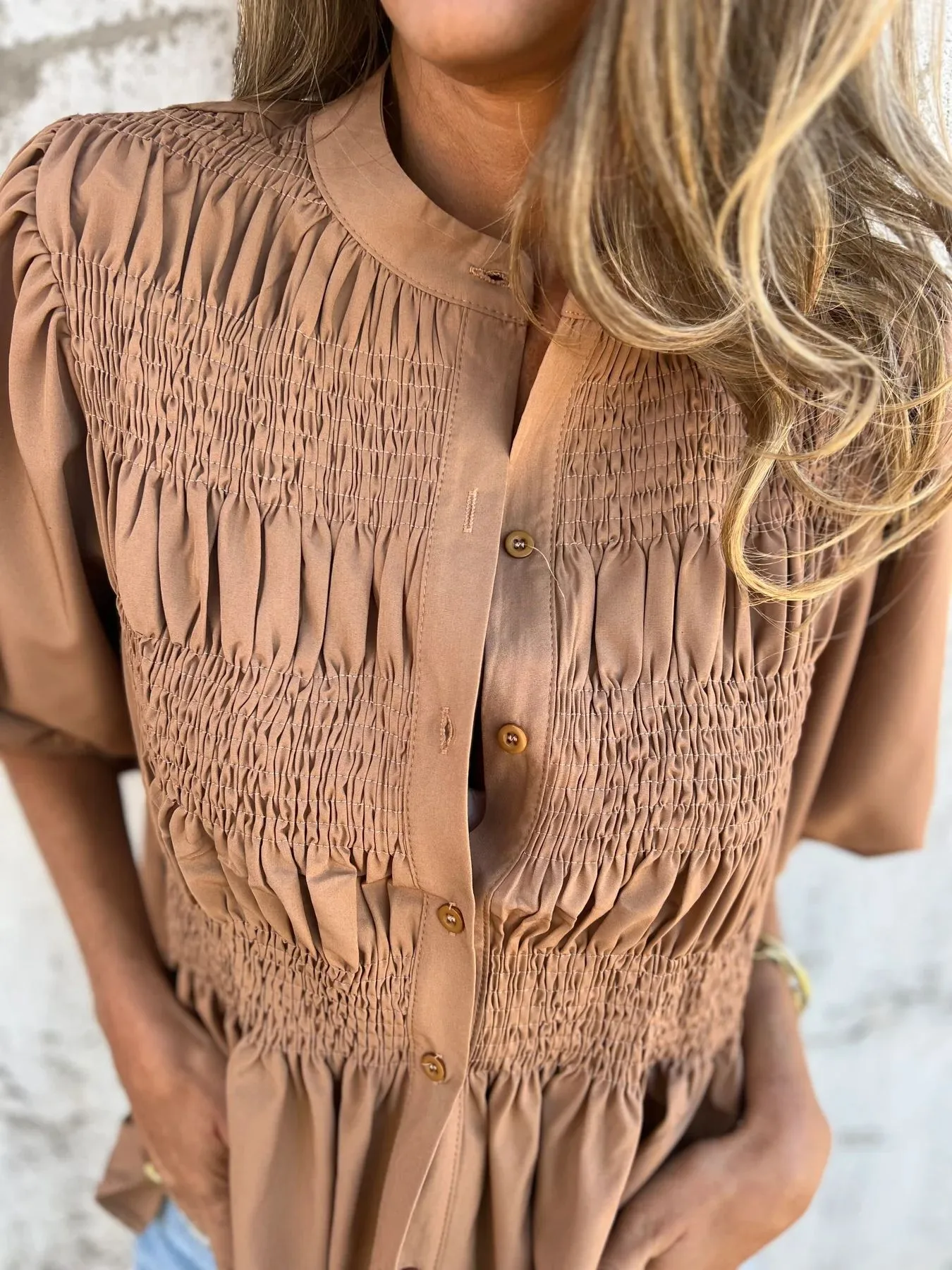 Casual Fashion Short Sleeve Round Neck Button Solid Color Shirt Women's T-shirt Comfortable Breathable Elastic Waist Design display picture 23