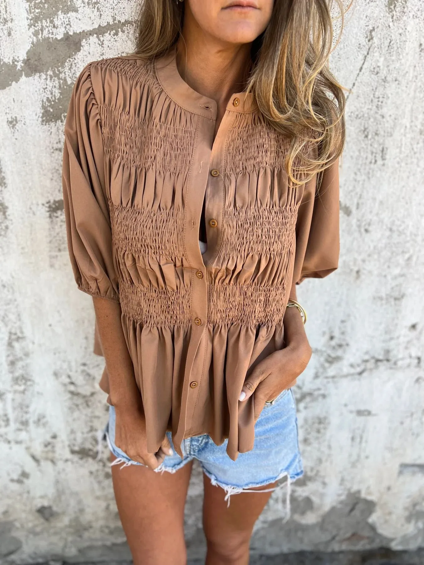 Casual Fashion Short Sleeve Round Neck Button Solid Color Shirt Women's T-shirt Comfortable Breathable Elastic Waist Design display picture 24