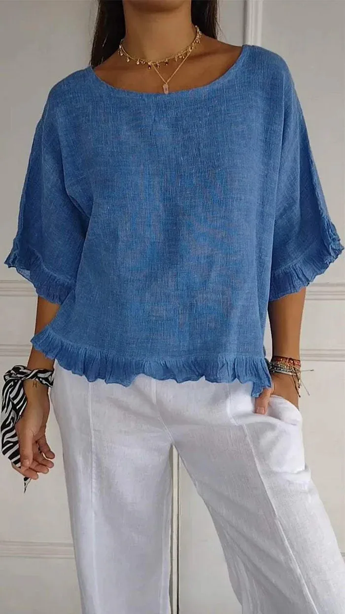 Summer  Women's Solid Color T-shirt Casual Short Sleeve European Style Round Neck Loose Top Lace Edge Cotton And Linen Material display picture 2