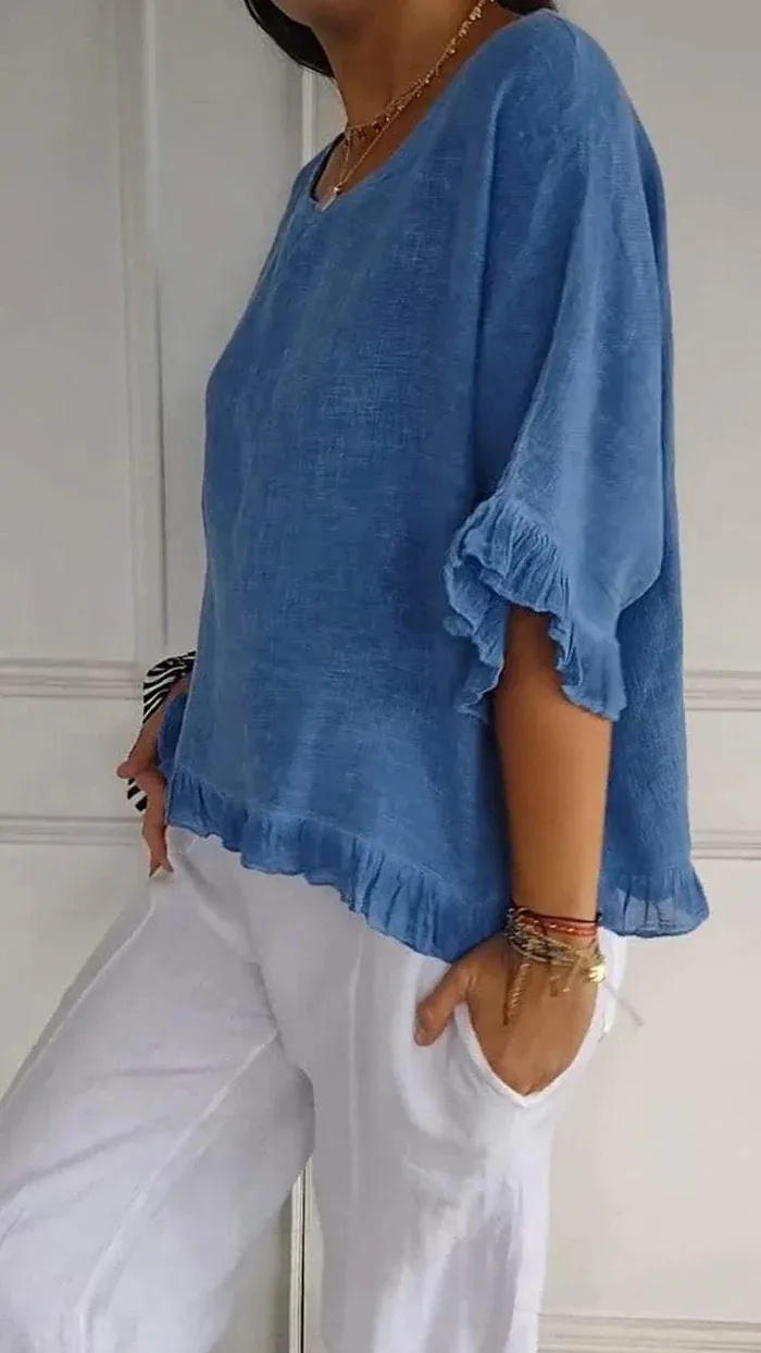 Summer  Women's Solid Color T-shirt Casual Short Sleeve European Style Round Neck Loose Top Lace Edge Cotton And Linen Material display picture 3