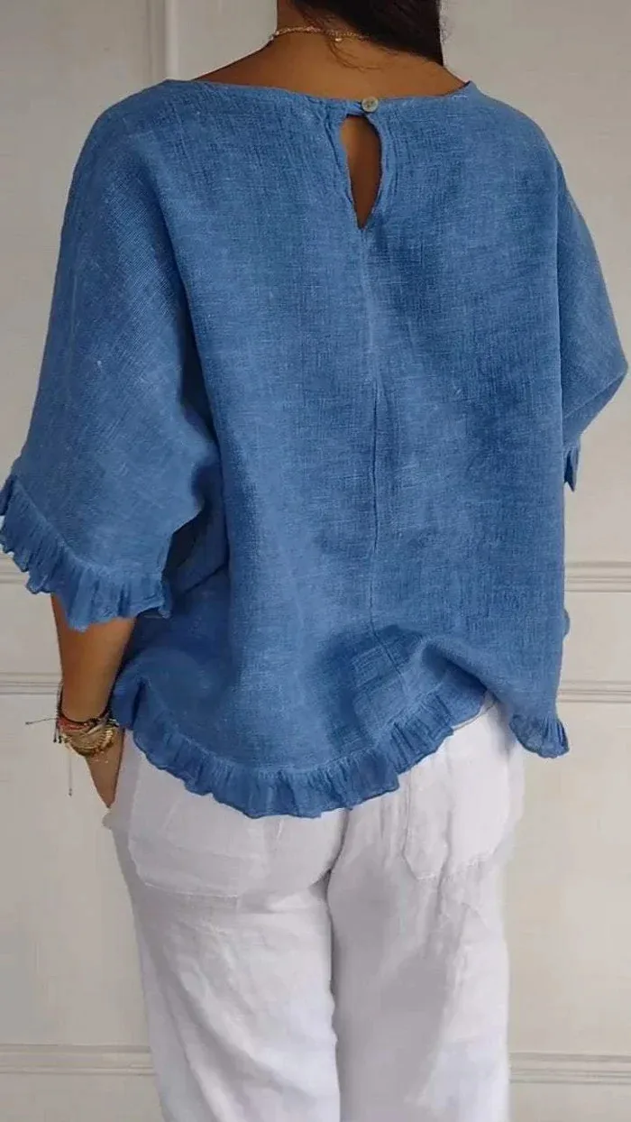 Summer  Women's Solid Color T-shirt Casual Short Sleeve European Style Round Neck Loose Top Lace Edge Cotton And Linen Material display picture 4