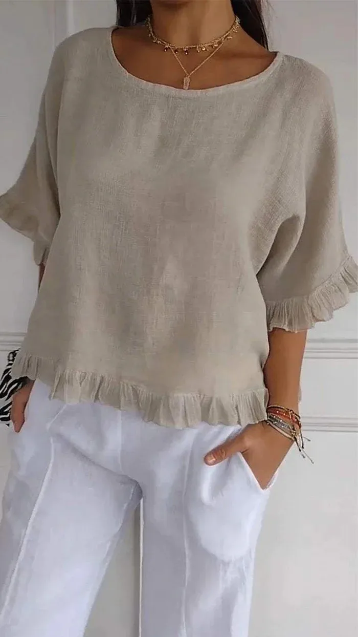 Summer  Women's Solid Color T-shirt Casual Short Sleeve European Style Round Neck Loose Top Lace Edge Cotton And Linen Material display picture 5