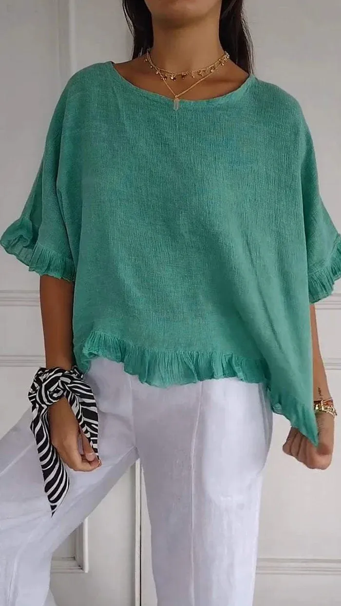 Summer  Women's Solid Color T-shirt Casual Short Sleeve European Style Round Neck Loose Top Lace Edge Cotton And Linen Material display picture 6