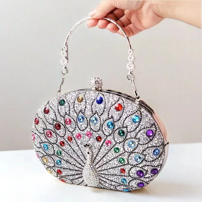 New Peacock Diamond-Embedded Dinner Bag Retro  Style Portable Party Dress Handbag Polyester Lining display picture 4
