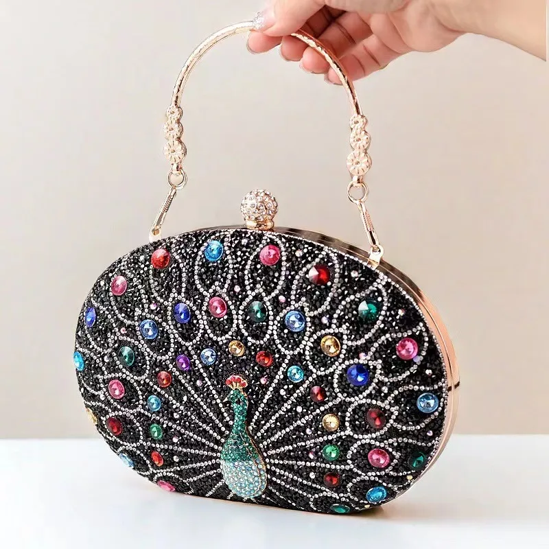 New Peacock Diamond-Embedded Dinner Bag Retro  Style Portable Party Dress Handbag Polyester Lining display picture 1