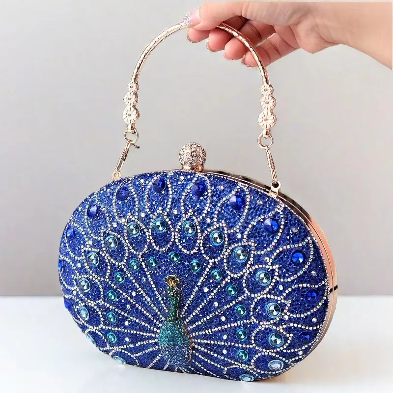 New Peacock Diamond-Embedded Dinner Bag Retro  Style Portable Party Dress Handbag Polyester Lining display picture 2