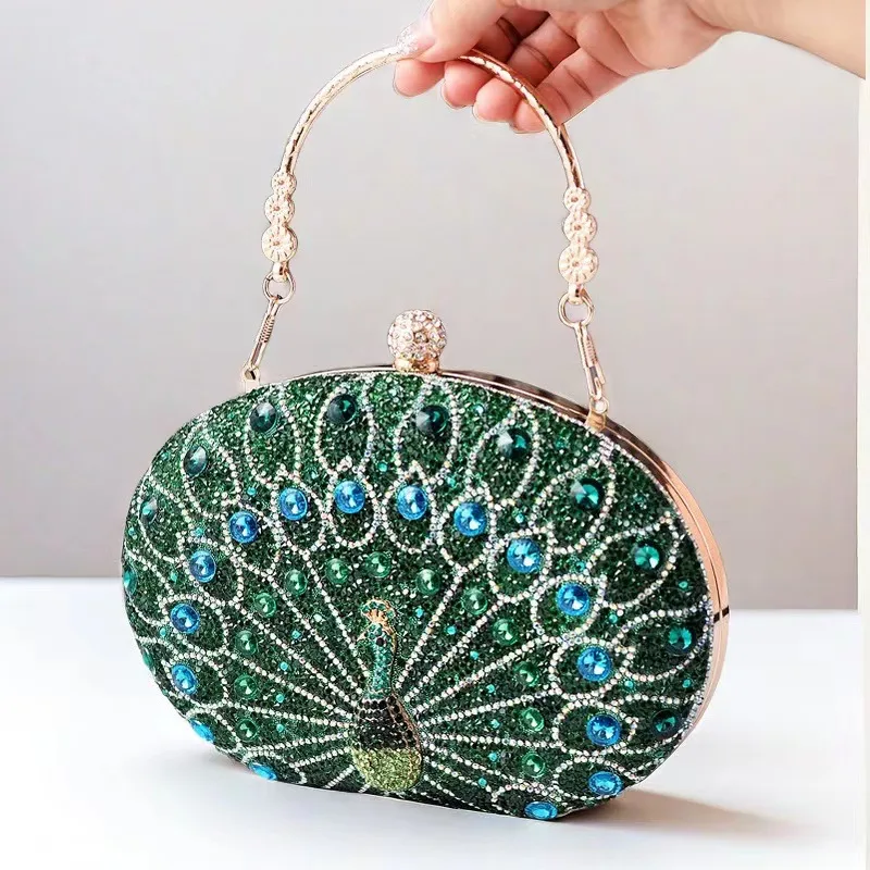 New Peacock Diamond-Embedded Dinner Bag Retro  Style Portable Party Dress Handbag Polyester Lining display picture 3