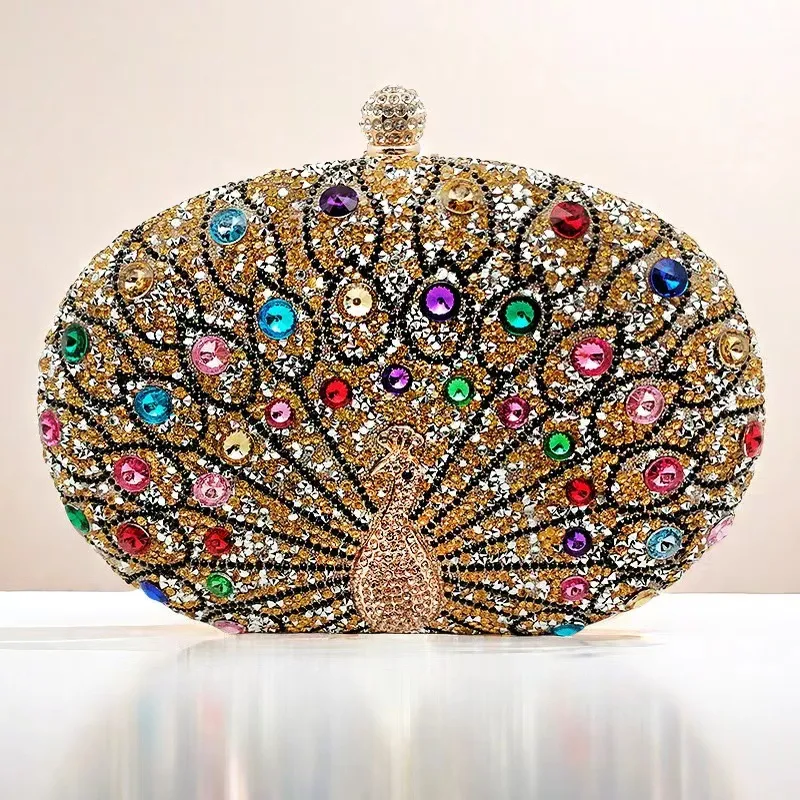 New Peacock Diamond-Embedded Dinner Bag Retro  Style Portable Party Dress Handbag Polyester Lining display picture 5