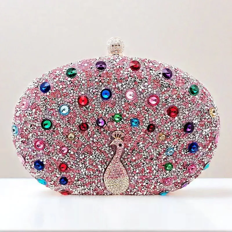 New Peacock Diamond-Embedded Dinner Bag Retro  Style Portable Party Dress Handbag Polyester Lining display picture 6