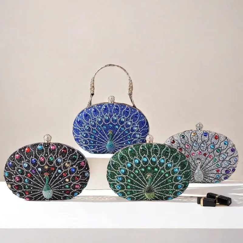 New Peacock Diamond-Embedded Dinner Bag Retro  Style Portable Party Dress Handbag Polyester Lining display picture 7