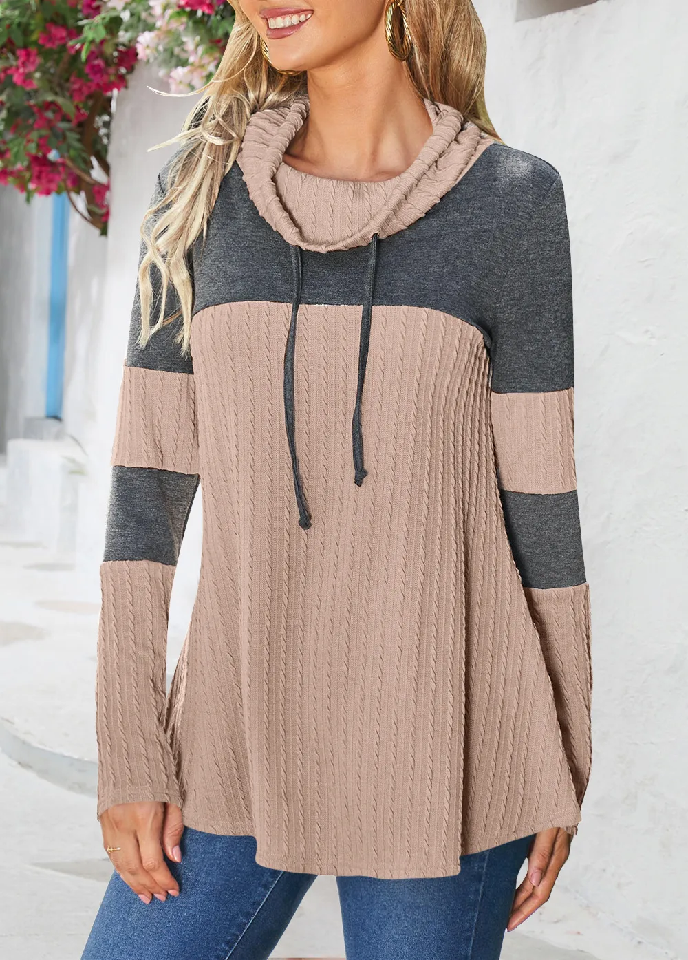 Fashionable Knitted Long Sleeve Women T-shirt Fall/Winter New Patchwork Turtleneck Street Style Polyester Fabric display picture 2