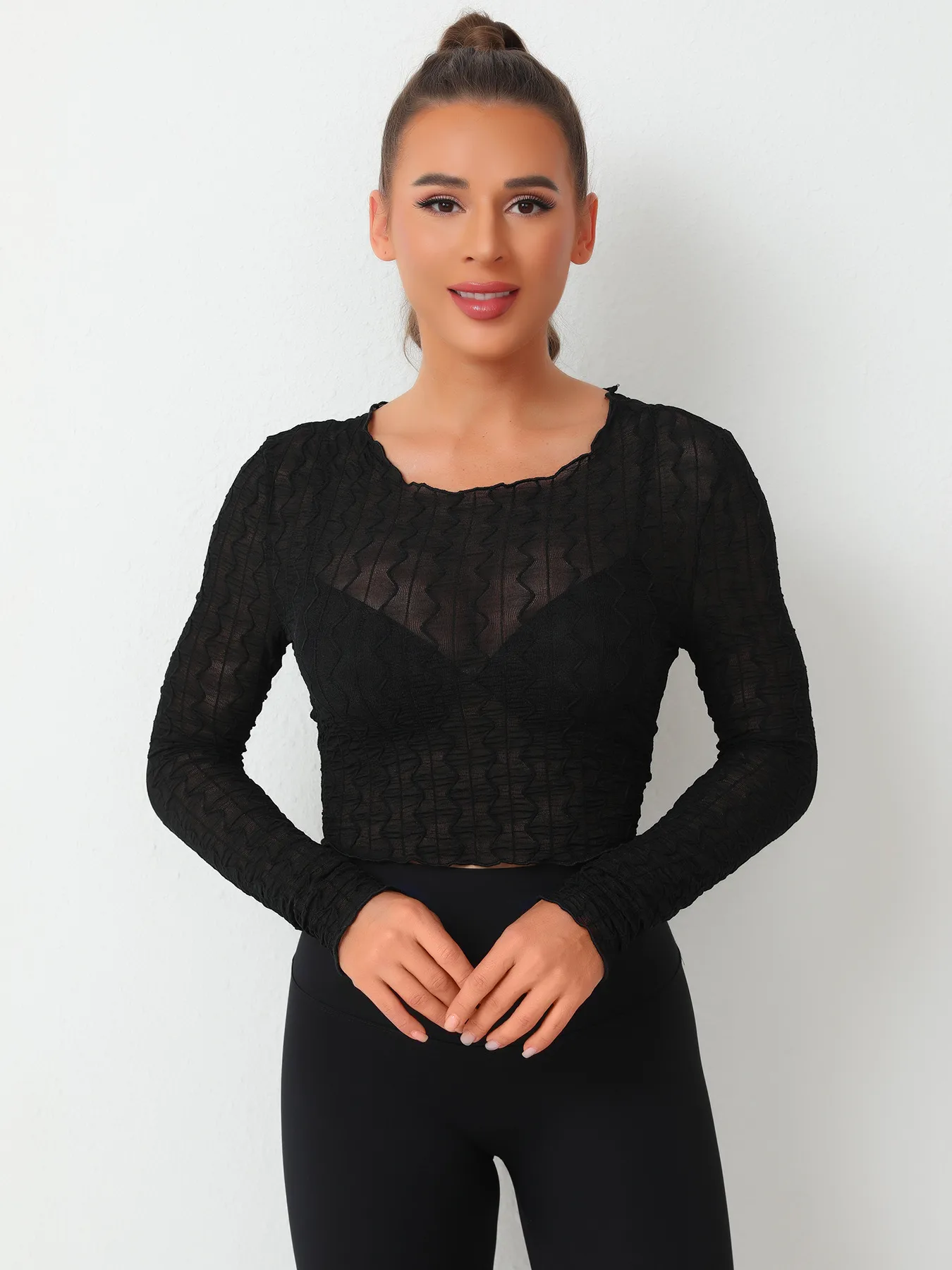 Elastic Mesh Hollow Out Long Sleeve T-shirt With Bowknot Ear Design Women's Elegant Commuter Style Round Neck Top Polyester Lycra Material display picture 2