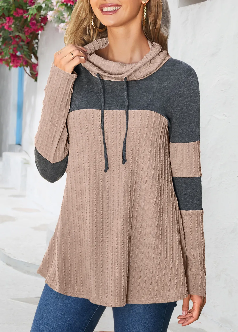 Fashionable Knitted Long Sleeve Women T-shirt Fall/Winter New Patchwork Turtleneck Street Style Polyester Fabric display picture 3