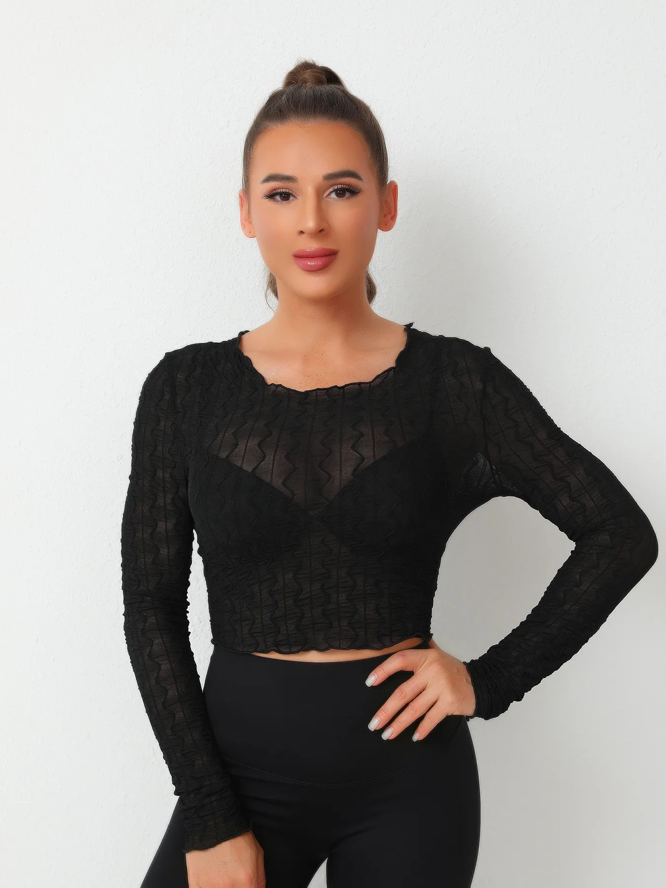 Elastic Mesh Hollow Out Long Sleeve T-shirt With Bowknot Ear Design Women's Elegant Commuter Style Round Neck Top Polyester Lycra Material display picture 3
