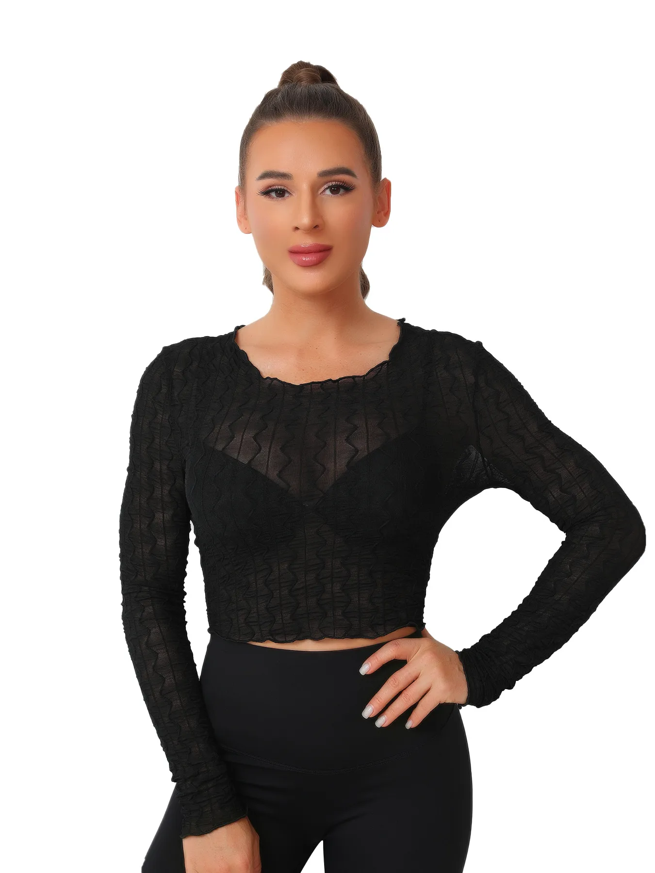 Elastic Mesh Hollow Out Long Sleeve T-shirt With Bowknot Ear Design Women's Elegant Commuter Style Round Neck Top Polyester Lycra Material display picture 4