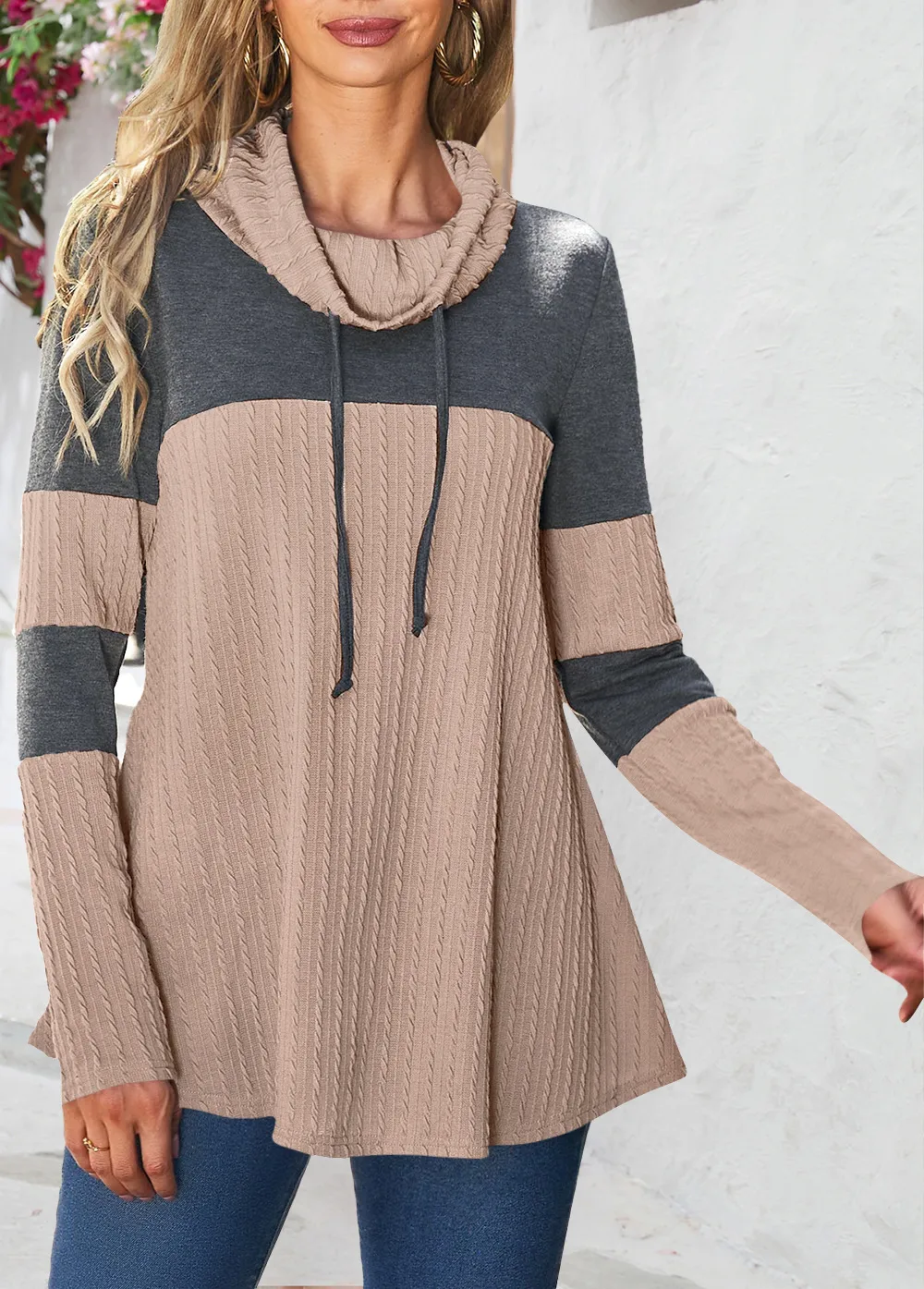 Fashionable Knitted Long Sleeve Women T-shirt Fall/Winter New Patchwork Turtleneck Street Style Polyester Fabric display picture 5