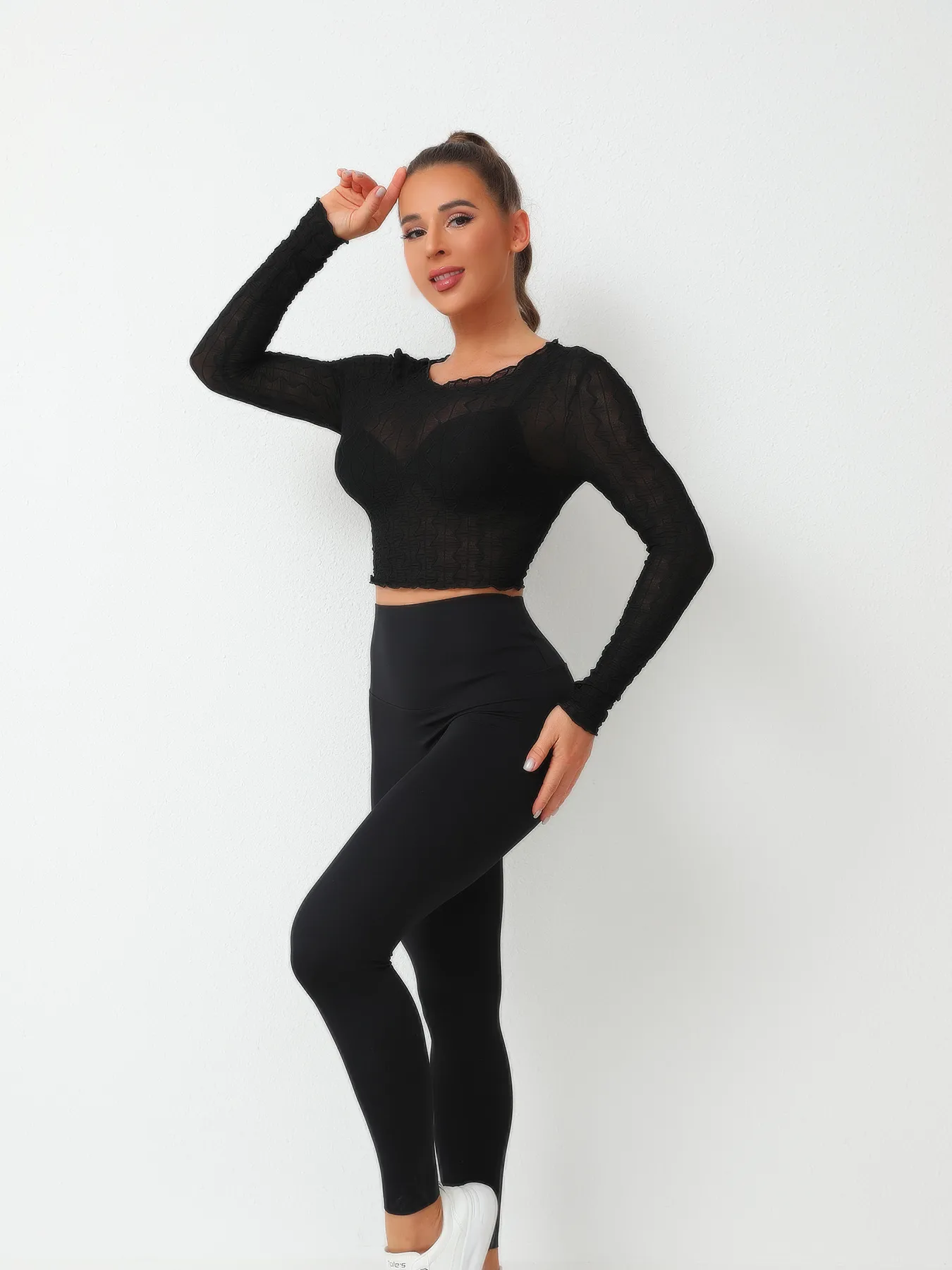 Elastic Mesh Hollow Out Long Sleeve T-shirt With Bowknot Ear Design Women's Elegant Commuter Style Round Neck Top Polyester Lycra Material display picture 6