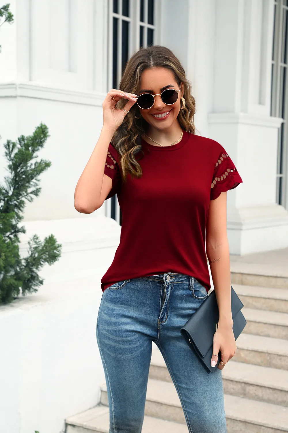 Fashion Round Neck Stitching Lace Decorative T-shirt Women's Summer New Cotton Blend Short Sleeve Street Style Senior Street Style display picture 5