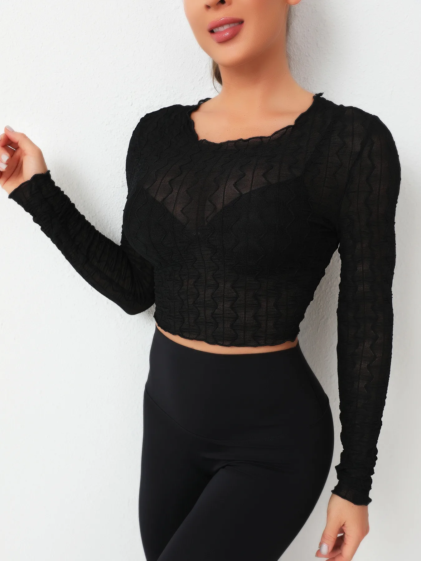 Elastic Mesh Hollow Out Long Sleeve T-shirt With Bowknot Ear Design Women's Elegant Commuter Style Round Neck Top Polyester Lycra Material display picture 7